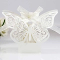 Elegant laser-cut butterfly wedding favor box in white pearlescent paper with ribbon - 4.5CM / Ivory White