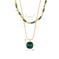 Gold double-layered necklace with green natural stone beads and square crystal pendant - Gold Double Layered Necklace