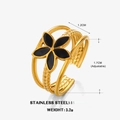 Bague ajustable en acier inoxydable plaqué or 18K avec petite fleur noire en émail - Noir