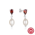 Elegant S925 sterling silver drop earrings with red pear-cut ruby and white pearl - Style #8 / White Gold