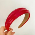 Exaggerated wide red patent leather headband with pleated texture and brown lining - Red