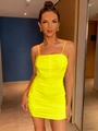 Sexy neon yellow mesh bodycon mini dress with ruched details and spaghetti straps - XS / Neon Yellow