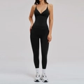 Women's black yoga set featuring a V-neck strappy camisole and high-waisted leggings - S / Premium Black