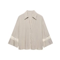 Women's light beige V-neck blouse with intricate lace embroidery on long sleeves - Tops
