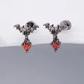 Gothic bat stud earrings with red heart zircon in black titanium steel finish - 0.8mm Gauge x 6mm Length / Gun Black Bat Heart (Style 11)