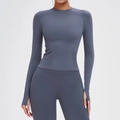 Women's seamless yoga set in slate blue with long sleeve thumbhole top and leggings - S / Blue Gray