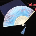 Blue folding hand fan with cherry blossoms and butterflies on a blue gift box - Style 66