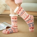 Cozy pink lamb wool floor socks with heart and snowflake patterns and white plush cuffs - Heart Pink