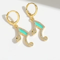 Golden snake and music note earrings with green enamel and sparkling white zircons - Snake