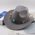 Grey wool fedora hat with bohemian beaded band and silver coin pendants - Ethnic Style / Gray