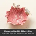 Pink leaf-shaped ceramic jewelry dish featuring two white bird accents for home decor - Flower Leaf Bird Plate - Pink