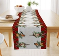 Christmas linen table runner featuring bullfinch bird patterns and red green plaid borders - Bullfinch/Lantern/Bell/Red Green Plaid Edge / 33*183cm