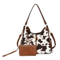 Brown and cow print tote bag with matching coin purse and detachable shoulder strap - Cow Print Brown with Small Pouch Set