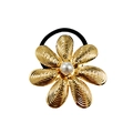 Luxurious gold metal flower hair tie with central pearl accent on white background - Pearl Large Flower Gold
