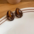 Macro shot of oval tiger eye stone stud earrings with leopard print fabric wrap - Leopard Pattern Base Brown Cat's Eye Style (25#)