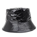 Detail of black glossy patent leather bucket hat showing textured finish and stitching - One Size / Black
