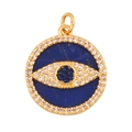 Golden Evil Eye charm pendant with blue center and sparkling zircon stones in a round frame - Lazurite Evil Eye