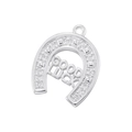 Macro shot of silver horseshoe pendant with GOOD LUCK engraving and zircon stones - VD1757 Platinum Horseshoe GOODLUCK Pendant
