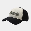 Detailed close-up of Alameda embroidery on two-tone cotton baseball cap with stitch detail - Black