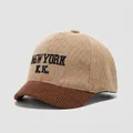 Close-up of NEW YORK embroidery on khaki wool and brown corduroy baby baseball cap - 50cm / NEWYORK-Khaki