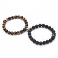Detail view of magnetic couple bracelets with tiger eye, lava stone and crown charms - 08-Tiger Eye & Lava Stone