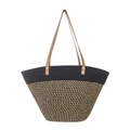Grote geweven katoenen shopper in zwart en beige met handvaten van imitatieleer - Zwart