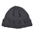 Grey distressed knit beanie with silver safety pin and metal rings in punk style - Adjustable / Gray