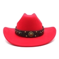 Detail of red wool felt cowboy hat featuring brown leather band with metal rivets - M (56-58cm) / Red
