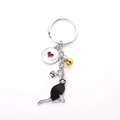 Metal cat keychain with black cat pendant, bells and I Love Cat heart charm - Siamese Black Body White Tail