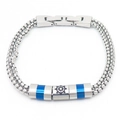Men's double-row silver stainless steel box chain bracelet with blue nautical gear charm - Rudder Blue Decor Style (KB169005-AQ)