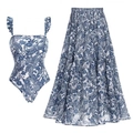 Costume con stampa floreale libellula blu e set gonna lunga coordinata per donna - S / Set costume intero con volant