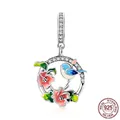 S925 sterling silver bird cage charm with blue enamel bird and pink flowers jewelry - Bird in Floral Wreath (SCC1726)