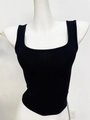 Slim fit black ribbed knit tank top with square neck and wide straps shown on mannequin - S / Black