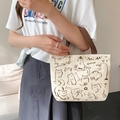 Compact cream canvas tote bag with cute brown cat prints and dark fabric handles - MIMI Cat