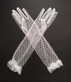 Elegant white lace gloves with honeycomb mesh and ruffle cuffs for formal evening banquets - Full Finger/Long / White