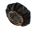 Black satin nightcap with leopard print elastic band for hair protection and styling - Black