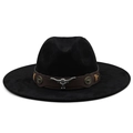 Classic black felt fedora hat featuring a brown leather band and silver bull head ornament - M (56-58cm) / Black