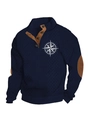 Donkerblauwe gebreide herentrui met bruine elleboogstukken en een kompas-logo - S / Top (Kompasdruk) / Marineblauw