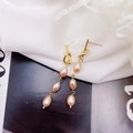 French vintage gold knot earrings with three peach baroque pearls in elegant drop style - Gold Knot Pink 3-Pearl Style