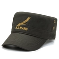 Men's olive canvas military flat cap featuring gold wheat embroidery and metal eyelets - Wheat Embroidery Army Green