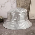 Metallic silver PU leather bucket hat with a reflective laser finish and textured surface - M (56-58cm) / Silver Laser Stripe