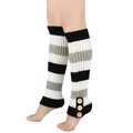 Close-up of knit leg warmers featuring black and grey stripes and wooden button details - One Size / Black Stripe