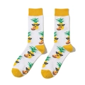 Funny cotton crew socks featuring yellow cartoon pineapples with sunglasses on white base - One Size / A777-Pineapple White
