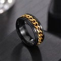 Close-up of black stainless steel spinner ring with a golden Cuban chain inlay for men - Black Ring Gold Chain