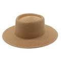Macro view of tightly woven spiral straw texture on flat top wide brim summer sun hat - M (56-58cm) / Khaki