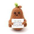 Crochet pear plush toy with motivational sign saying We make a pretty good PEAR - Ya Pear with Brown Limbs W
