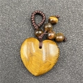 Tiger eye stone heart pendant with dark brown braided rope and small beads - Tiger's Eye