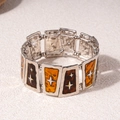Retro-Blockarmband mit bernsteinfarbenem Emaille und Silbersternen am elastischen Band - Stern Silber Bernstein Emaille Armband / Kaffee-Gelb