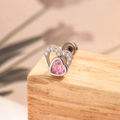 Silver heart stud earring featuring a pink zircon stone and double heart design - A417-2# Pink / Pink (Single Piece)