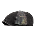 Faded grey denim beret hat with artistic print panels in a vintage newsboy style - Octagonal Black